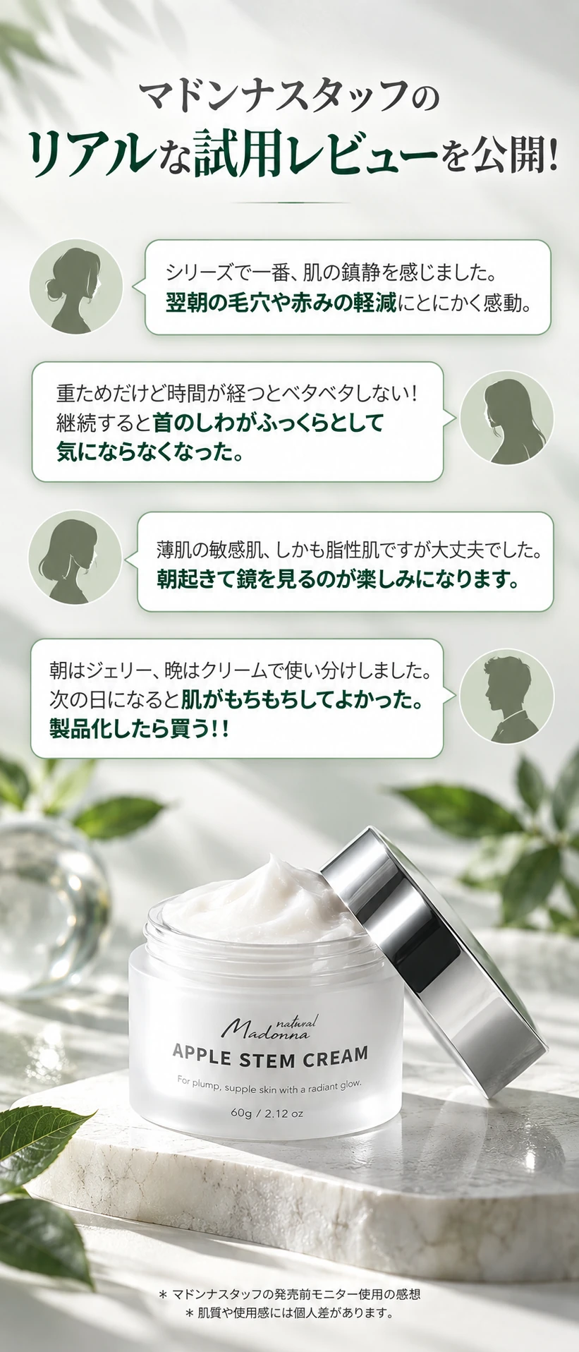 マドンナスタッフのリアルな試用レビューを公開！ シリーズで一番、肌の鎮静を感じました。翌朝の毛穴や赤みの軽減にとにかく感動。／重ためだけど時間が経つとベタベタしない！継続すると首のしわがふっくらとして気にならなくなった。／薄肌の敏感肌、しかも脂性肌ですが大丈夫でした。朝起きて鏡を見るのが楽しみになります。／朝はジェリー、晩はクリームで使い分けしました。次の日になると肌がもちもちしてよかった。製品化したら買う！！ ＊マドンナスタッフの発売前モニター使用の感想 ＊肌質や使用感には個人差があります。