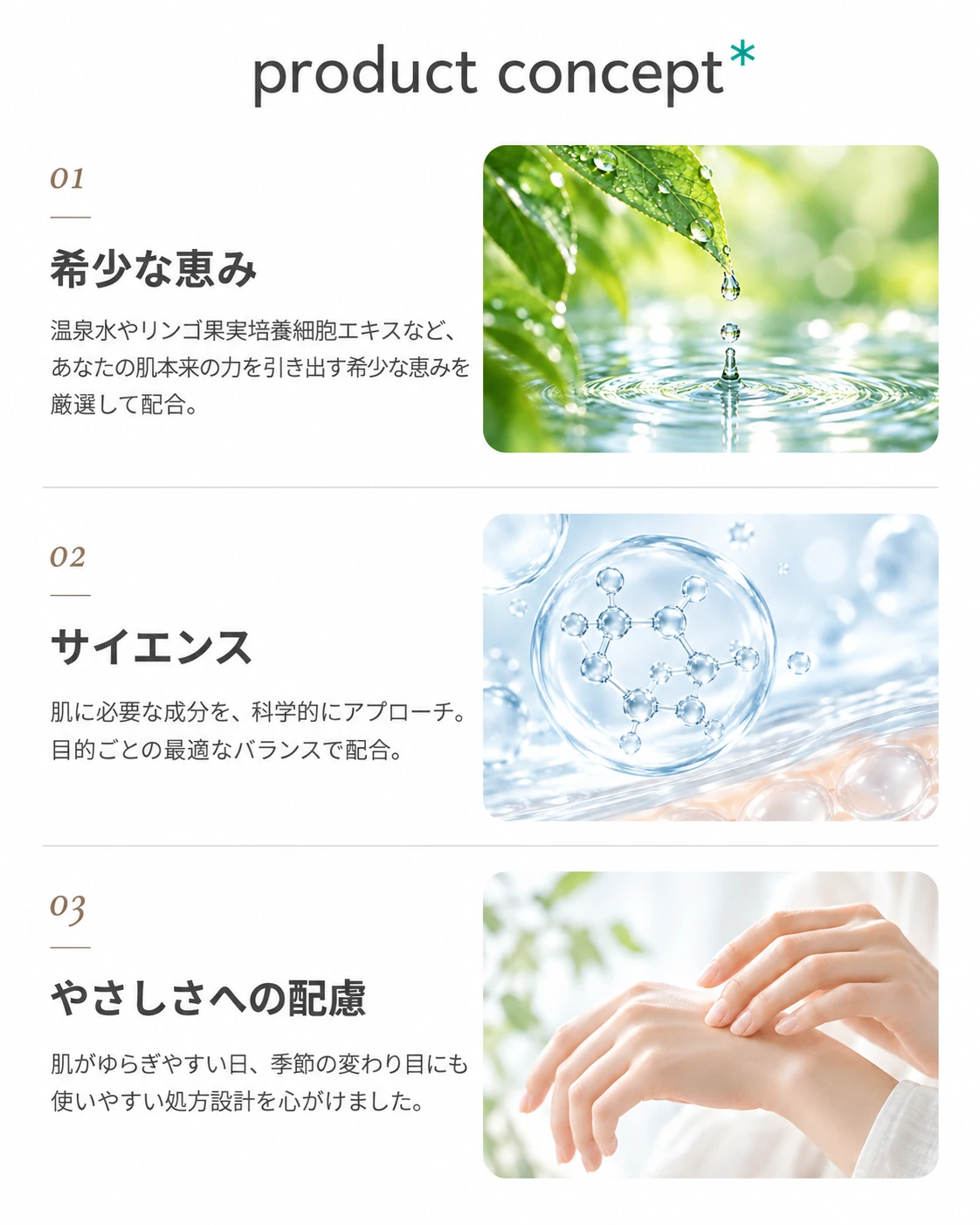 product concept 01 希少な恵み 温泉水やリンゴ果実培養細胞エキスなど、あなたの肌本来の力を引き出す希少な恵みを厳選して配合。 02 サイエンス 肌に必要な成分を、科学的にアプローチ。目的ごとの最適なバランスで配合。 03 やさしさへの配慮 肌がゆらぎやすい日、季節の変わり目にも使いやすい処方設計を心がけました。
