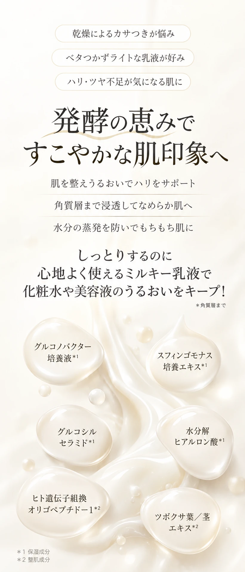 発酵の恵みですこやかな肌印象へ　肌を整えうるおいでハリをサポート／角質層まで浸透してなめらか肌へ／水分の蒸発を防いでもちもち肌に　しっとりするのに心地よく使えるミルキー乳液で化粧水や美容液のうるおいをキープ！＊角質層まで　グルコノバクター培養液 スフィンゴモナス培養エキス グルコシルセラミド 水分解ヒアルロン酸 ヒト遺伝子組換オリゴペプチド-1 ツボクサ葉／茎エキス