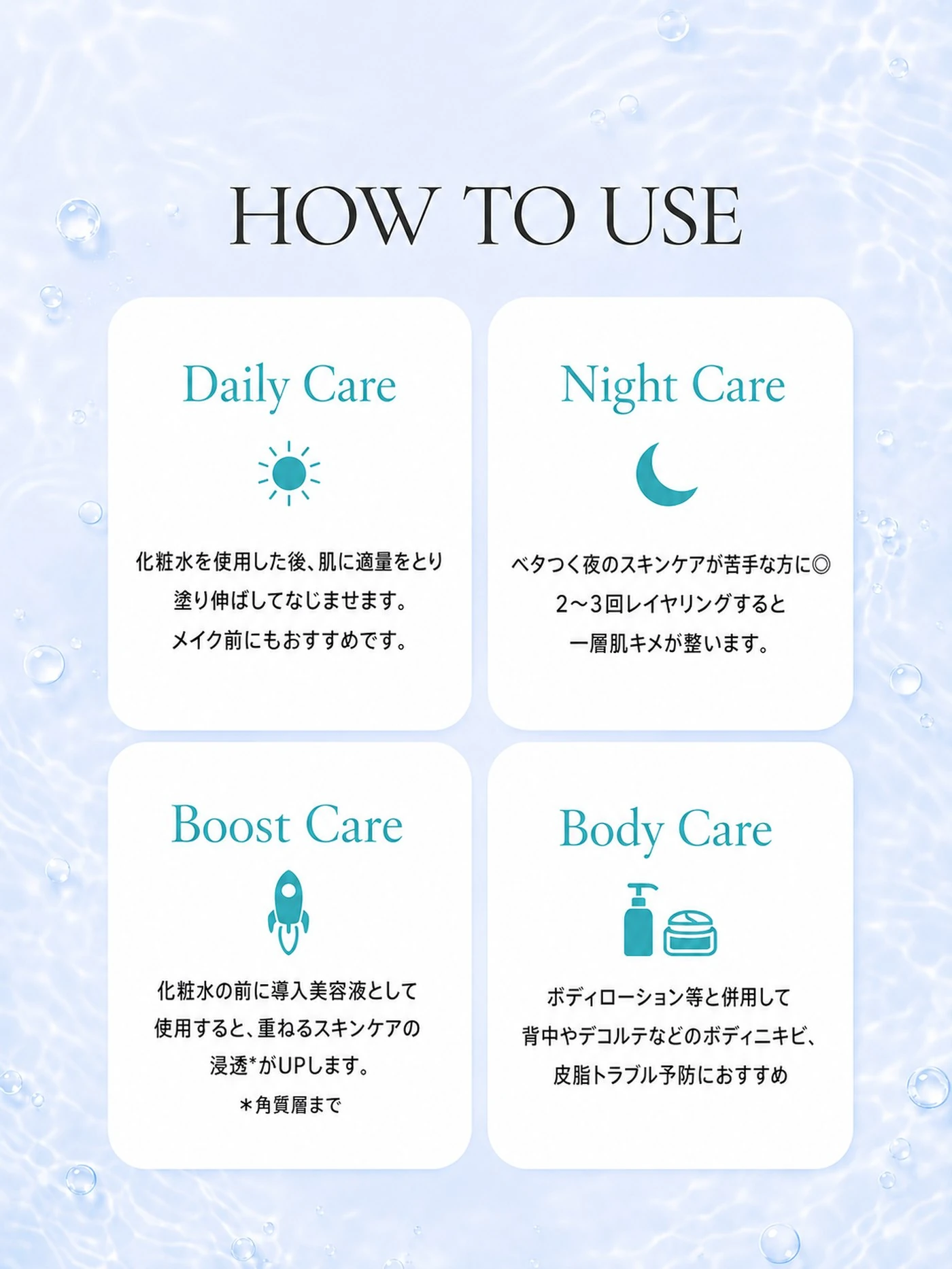 HOW TO USE Daily Care：化粧水を使用した後、肌に適量をとり塗り伸ばしてなじませます。メイク前にもおすすめです。 Night Care：ベタつく夜のスキンケアが苦手な方に◎2〜3回レイヤリングすると一層肌キメが整います。 Boost Care：化粧水の前に導入美容液として使用すると、重ねるスキンケアの浸透（角質層まで）がUPします。 Body Care：ボディローション等と併用して背中やデコルテなどのボディニキビ、皮脂トラブル予防におすすめ